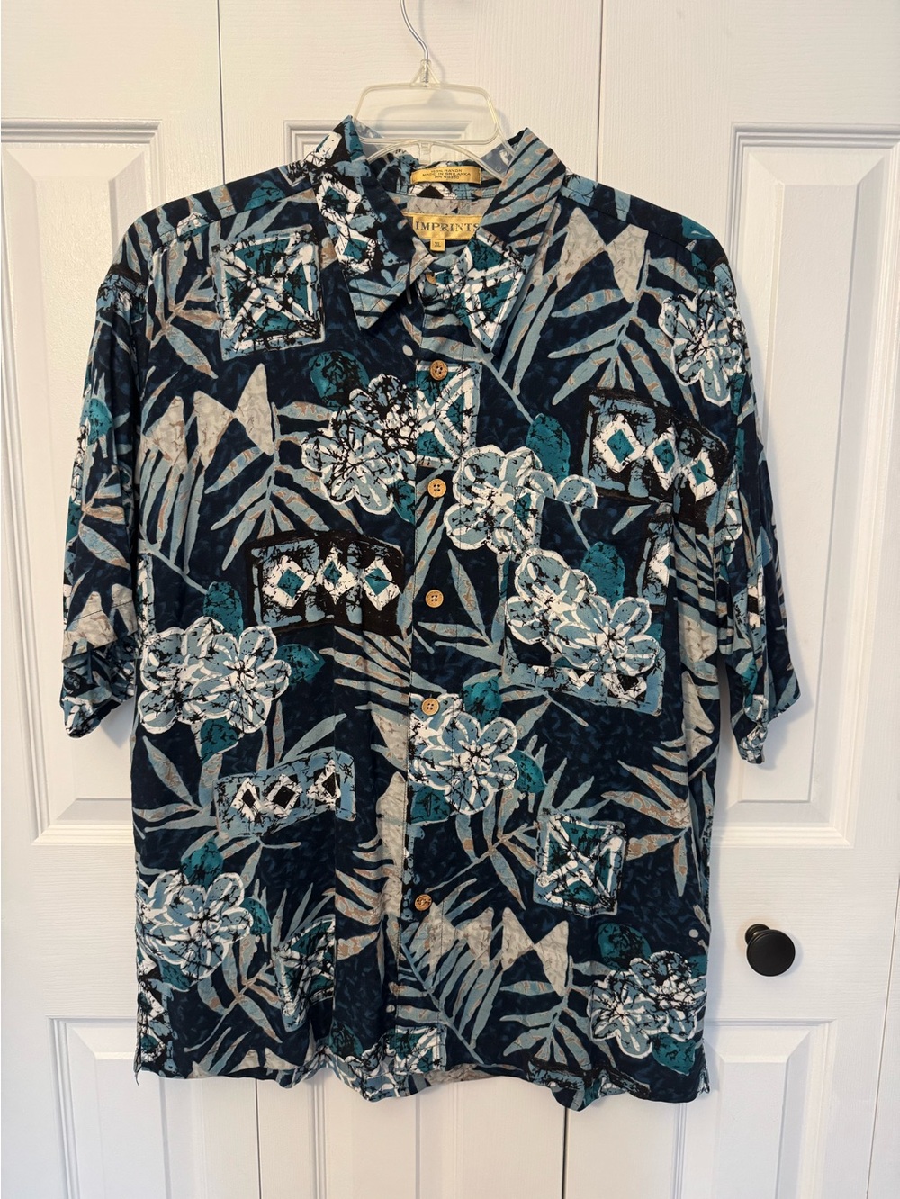 Imprints Men's XL Floral Hawaiian Button-Up Camp Shirt Blue White Short Sleeve
